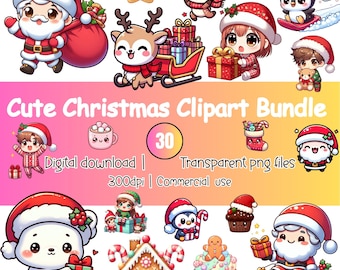 Kawaii Christmas Clipart PNG Bundle: Santa, Reindeer, Gingerbread (Digital Download)