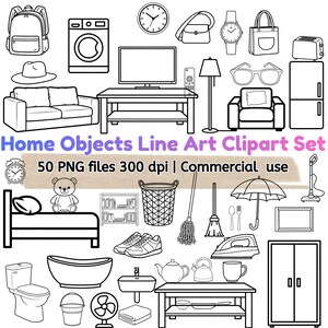 Puede incluir: Ilustraciones en blanco y negro de varios objetos domésticos, incluyendo muebles, electrodomésticos y accesorios. La imagen incluye un sofá, una cama, una lavadora, un televisor y más. El texto dice "Home Objects Line Art Clipart Set".