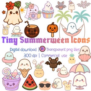 Könnte beinhalten: Eine Sammlung farbenfroher, cartoonartiger Icons mit Sommer- und Halloween-Thema. Die Icons umfassen Geister, Fledermäuse, Kürbisse, Eiscreme und tropische Elemente wie eine Kokosnuss und Ananas. Der Text lautet "Tiny Summerween Icons".
