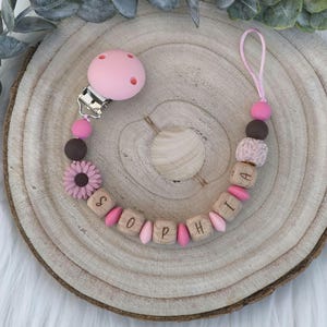 Pacifier chain personalized with name wood and silicone beads including gift bag with desired text as print