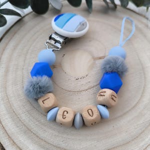 Pacifier chain personalized with name wood and silicone beads including gift bag with desired text as print