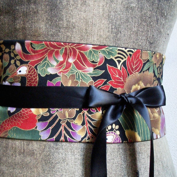 Ceinture obi coton paon et fleurs du japon  serre-taille accessoire original pour femme