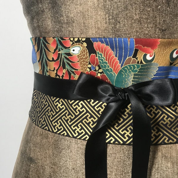 Ceinture obi coton fleurs et paon du Japon noir vert doré serre-taille original pour femme