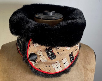 Col fausse fourrure noire coton japonais chat Maneki Neko accessoire original pour femme