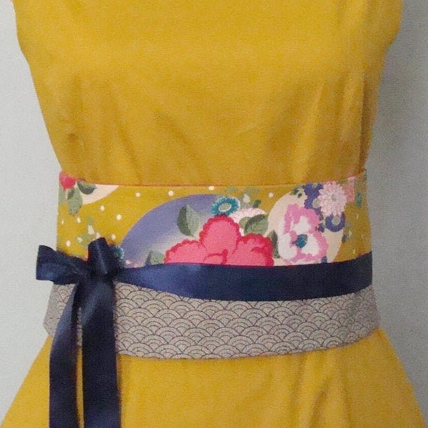 Ceinture obi tissu japonais jaune fleurs et vagues boheme serre-taille accessoire original pour femme