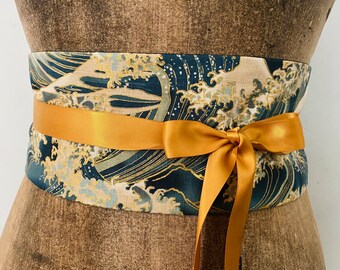 Ceinture obi coton Japonais bleu vert doré vagues original pour femme