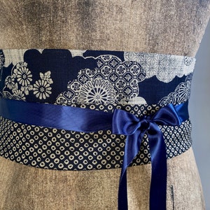 Ceinture obi coton bleu japonais traditionnel shibori fleurs accessoire original femme image 1