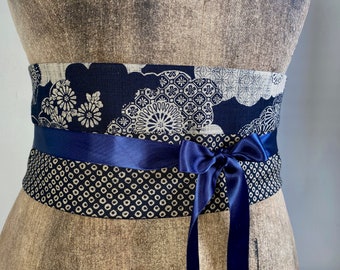 Ceinture obi coton bleu japonais traditionnel shibori fleurs accessoire original femme