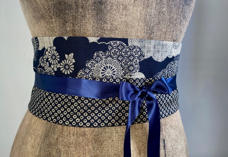 Ceinture obi coton bleu japonais traditionnel shibori fleurs accessoire original femme image 1