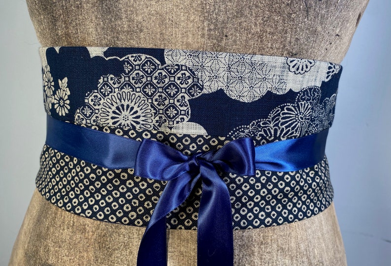 Ceinture obi coton bleu japonais traditionnel shibori fleurs accessoire original femme image 3