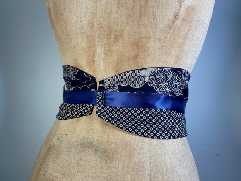 Ceinture obi coton bleu japonais traditionnel shibori fleurs accessoire original femme image 5