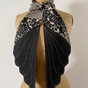 Ecru black cotton fabric scarf Japanese flowers wings scarf original accessory for women