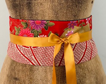 Ceinture obi coton rouge japonais traditionnel shibori fleurs accessoire original femme