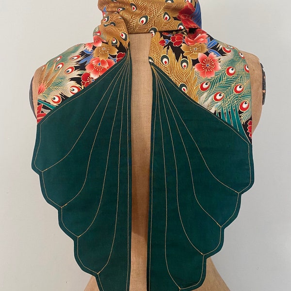 Echarpe verte ailes tissu coton doré japonais paon foulard accessoire originale pour femme