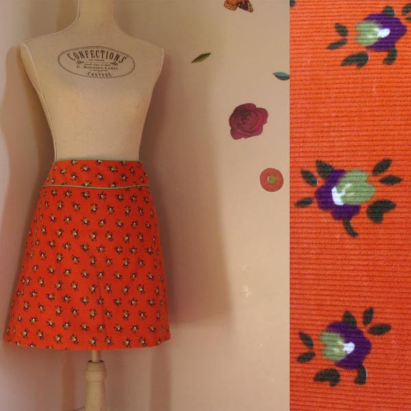 jupe courte trapeze velours milleraies orange et fleurs jupe originale sur mesure pour femme