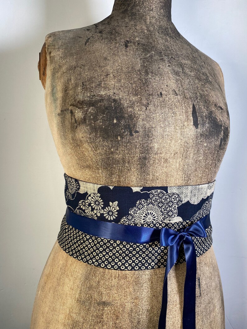 Ceinture obi coton bleu japonais traditionnel shibori fleurs accessoire original femme image 4