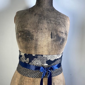 Ceinture obi coton bleu japonais traditionnel shibori fleurs accessoire original femme image 2