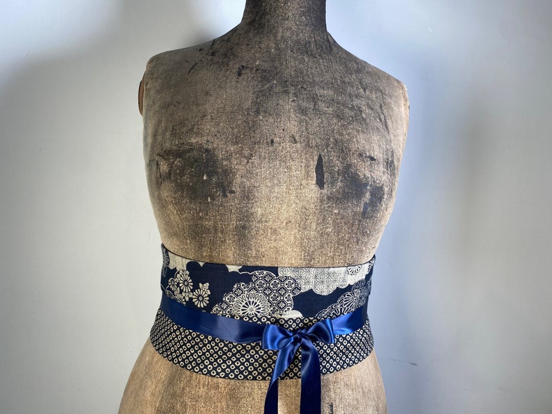 Ceinture obi coton bleu japonais traditionnel shibori fleurs accessoire original femme image 2