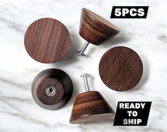Walnut wood round knobs for kitchen cabinets, dressers and drawers (1-9/16" diameter, set of 5)