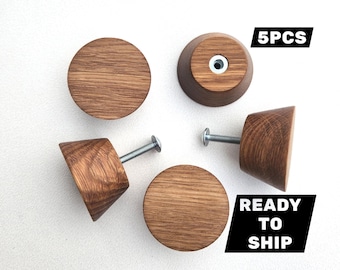 1-9/16" inches round wooden cabinet knobs, solid oak, set of 5