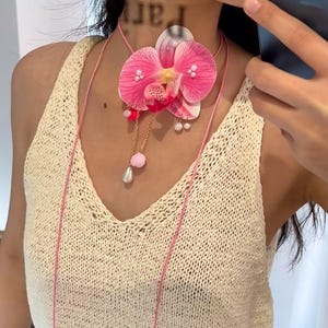 Fantastic Orchid Tassel Necklace Pink Faux Flower Collar Chain