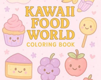 May include: A "Kawaii Food World" coloring book cover featuring various smiling food illustrations, including a fried egg, strawberry, banana, cupcake, cake slice, grapes, apple, and a lollipop. The background is light pink.