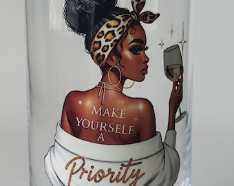 Frasco de vidrio con diseño de mujer negra: decoración inspiradora para el hogar, tapa de bambú (355 ml)