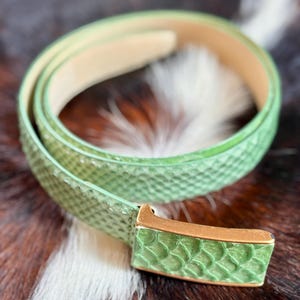 May include: A coiled, light green belt with a textured, snake-like pattern. The belt features a gold-colored buckle and a light beige interior. The belt is likely made of leather or a similar material. The belt is approximately 1 inch wide.