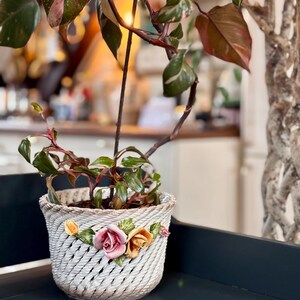 May include: A white ceramic planter with a woven design and pink and yellow rose accents. The planter is filled with a green plant with pink and green leaves.
