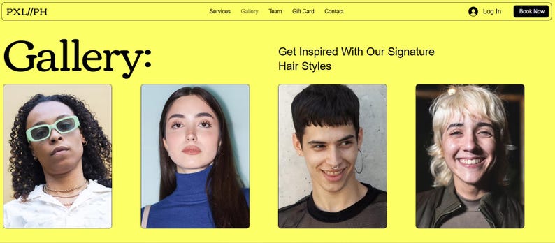 May include: A website screenshot showing a gallery of four different hairstyles. The website is called "PXL//PH" and the headline reads "Gallery: Get Inspired With Our Signature Hair Styles".
