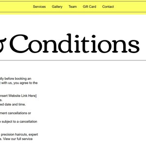 May include: Terms and Conditions page for Pixel Perfect Hair salon. The page includes information about booking appointments, cancellation policies, and services offered.