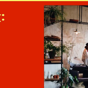 May include: A red background with the text "Contact:" in yellow. Below the text are the words "Instagram", "Tiktok", and "Facebook" in black. The background is a photo of a hair salon with a stylist washing a client's hair.