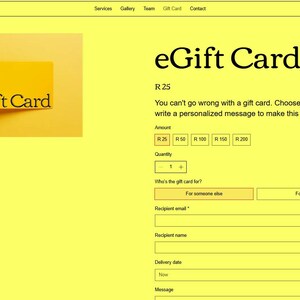 May include: A yellow webpage with the text "eGift Card" and a yellow gift card image. The page allows you to purchase a gift card for a specific amount and personalise it with a message.
