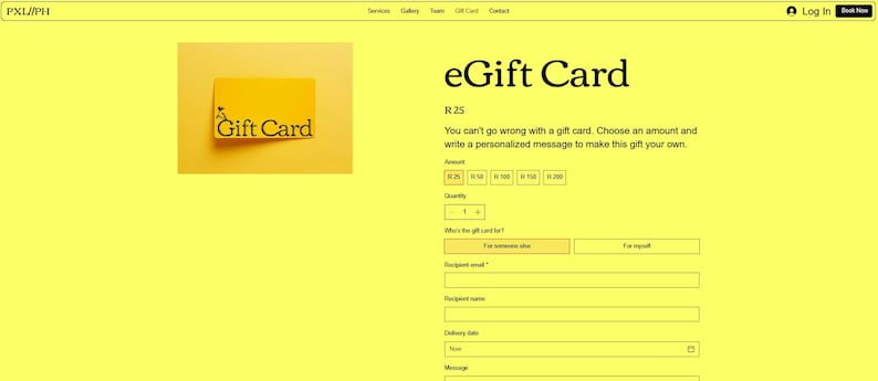 May include: A yellow webpage with the text "eGift Card" and a yellow gift card image. The page allows you to purchase a gift card for a specific amount and personalise it with a message.