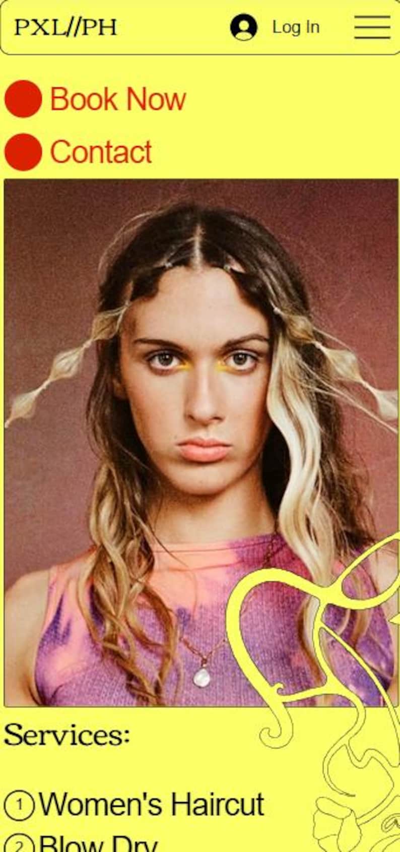 May include: A woman with long blonde hair and a pink and purple tie-dye shirt. She is wearing a pearl necklace. The image is set against a yellow background with the text "Services:" and a list of services: "Women's Haircut" and "Blow Dry".