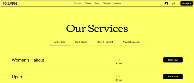 May include: A yellow website page with the text "Our Services" in black. The page lists different hair salon services, including Women's Haircut and Updo, with prices and a "Book Now" button.