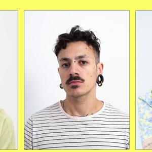 May include: Three people are pictured in individual frames. The person on the left is wearing a yellow shirt and has short blonde hair. The person in the middle is wearing a striped shirt and has short dark hair. The person on the right is wearing a light blue and yellow patterned shirt and has short curly red hair.