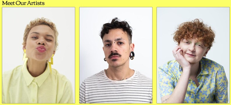 May include: Three people are pictured in individual frames. The person on the left is wearing a yellow shirt and has short blonde hair. The person in the middle is wearing a striped shirt and has short dark hair. The person on the right is wearing a light blue and yellow patterned shirt and has short curly red hair.