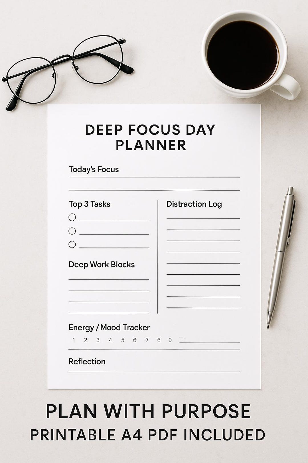 Focus Table Template Deep Focus Day Planner | Printable & Fillable PDF | Productivity + Time ...