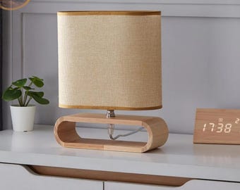 Lampe de table nordique en bois massif : abat-jour lin, 3 couleurs de gradation