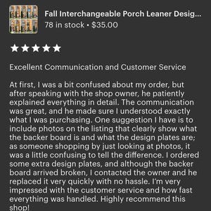 Peut inclure: L'image pr&eacute;sente une annonce pour un produit "Fall Interchangeable Porch Leaner Design". L'annonce comprend une image du produit, un avis client cinq &eacute;toiles et du texte d&eacute;crivant une excellente communication et un service client.