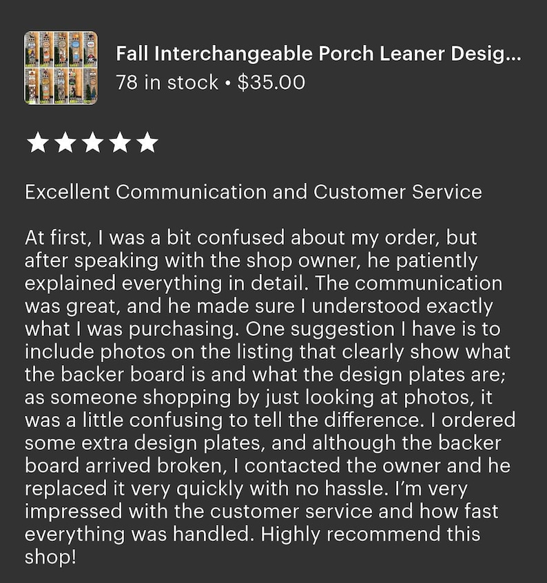 Peut inclure: L'image pr&eacute;sente une annonce pour un produit "Fall Interchangeable Porch Leaner Design". L'annonce comprend une image du produit, un avis client cinq &eacute;toiles et du texte d&eacute;crivant une excellente communication et un service client.