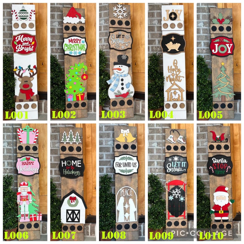 Peut inclure: Une collection de panneaux de No&euml;l en bois avec divers motifs festifs. Chaque panneau pr&eacute;sente des &eacute;l&eacute;ments sur le th&egrave;me des f&ecirc;tes comme un bonhomme de neige, un renne, un sapin de No&euml;l et le P&egrave;re No&euml;l, ainsi que des v&oelig;ux de saison. Les panneaux sont peints en couleurs vives.