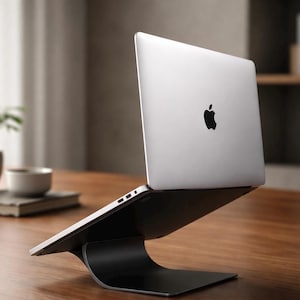 May include: A silver laptop with a black Apple logo is displayed on a black stand. The stand has a curved design, and the laptop is positioned on a wooden desk. The background includes a plant and a book.