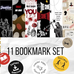 Può includere: Un set di undici segnalibri stampabili con temi true crime e mistero. I design includono schizzi di sangue, impronte digitali, scheletri, nastro da scena del crimine e testi come 'Trust no one', 'True crime' e 'Next target: YOU'.