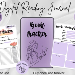 Può includere: Un diario di lettura digitale visualizzato su uno schermo di tablet con una copertina viola che presenta un disegno al tratto di una persona che legge. Due pagine aggiuntive mostrano un tracker di agosto con angurie e un modello di recensione.