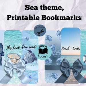 Può includere: Un set di segnalibri stampabili a tema marino, con illustrazioni di uno squalo balena, una perla in un'ostrica, una tartaruga marina, meduse, un paesaggio costiero e un salvagente. Il testo include Sea theme, Printable Bookmarks, This book, flow read, Beach + books e Book Lovers.