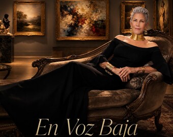 May include: A black off-the-shoulder gown with flared sleeves, a wide gold choker necklace, and a gold cuff bracelet. The text LUNNA appears at the top, and the text En Voz Baja appears at the bottom of this promotional graphic design.