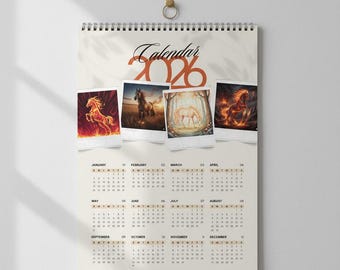 2026 Feuerpferd Digitaler Kalender PNG/PDF | Jahr des Pferdes Monatsplaner | Mystischer Sternzeichen-Kunst-Wandkalender zum Ausdrucken