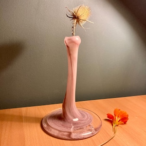 Murano Style Vintage Handmade Organic Form Glass Thin Vase Pastel Purple Color And Wide Round Base